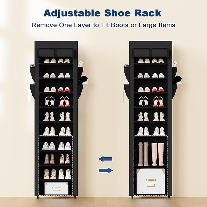 Shoe Rack with Cover, 10 Tier Tall Shoe Organizer for 18-22 Pairs of Shoes | Shoe Organizer with 4 Side Pockets, Shoe Cabinet for Entryway, Closet