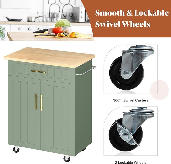 JY QAQA 26" Kitchen Island on Wheels with Storage Cabinet Kitchen Cart Cabinet with Shelves, Cart Handle for Towel Rack or Free Mobility, Portable Islands for Kitchen,Green