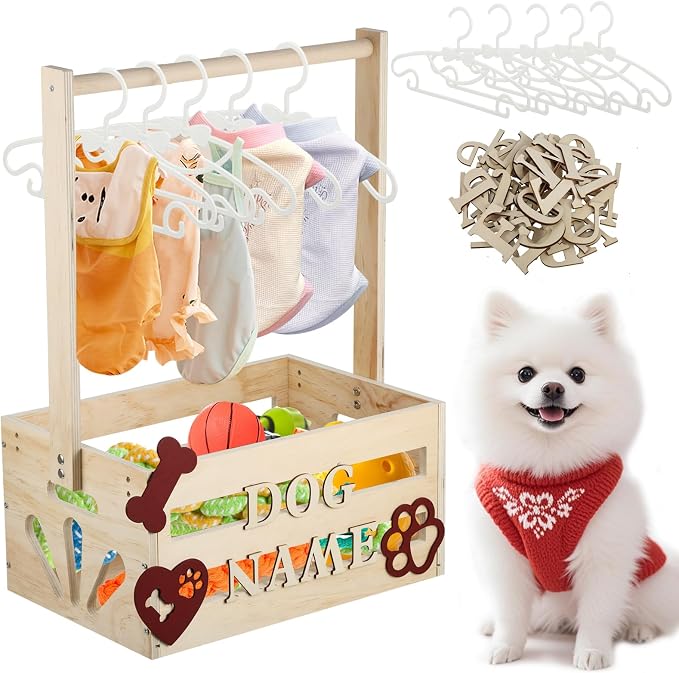 Wooden Pet Wardrobe Closet Toy Basket Box with Hanging Rods Personalized Pet Alphabet Letters Easy Assembly Baskets Dog Toy Box for Dog Cat Toys Clothes Organization Storage Accessories