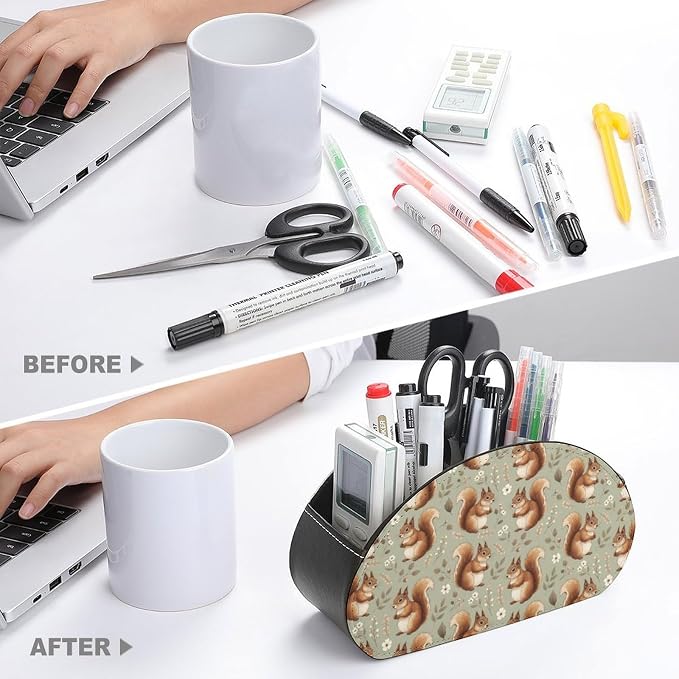 Pu Leather Remote Control Holder Box Squirrel Floral Desk Storage Caddy | with 5 Compartments, Squirrel Floral Office Supplies Table Decor for Media Player, Stationery, Makeup Brush