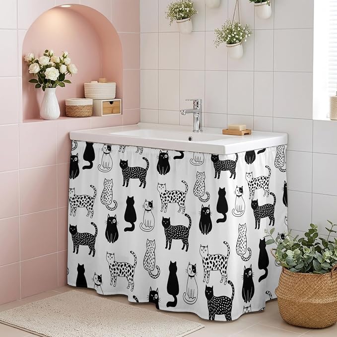 Cat Animal Sink Skirt 11"Wx13"L,Dustproof Under Sink Curtain with Self Adhesive Tape,Black White Earthy Tone Pet Modern Minimalist Cabinet Curtain Cover for Bathroom Vanity,Kitchen Storage Shelf