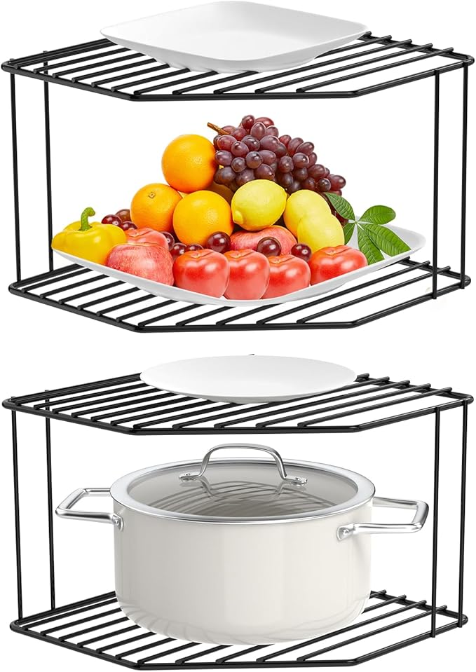 AKAZA 2Pcs 2-Tier Corner Stackable Organizer Shelf for Kitchen - Cabinet Storage Shelf Rack, Shelves，Kitchen Counter and Cabinet Shelf, Storage Rack Organizer (Black)
