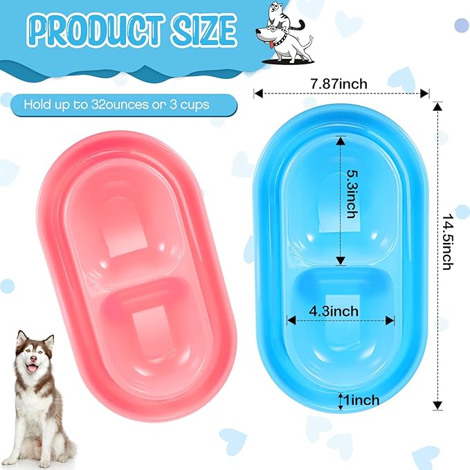 2 Pieces Cat Food Basic Dog Bowls 35oz Plastic Double Pet Food Water Bowls Feeding Bowl Tray Cat Eating and Drinking No Spill for Dogs Pets, Pink and Light Blue