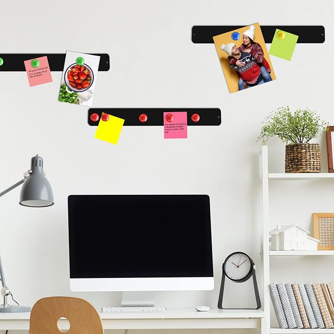 Outus 6 Pcs Magnetic Wall Strips 15" x 2", 48 Magnets, Black | Metal display strips for notes, photos and memos; ideal for office, home, classroom and workspace.