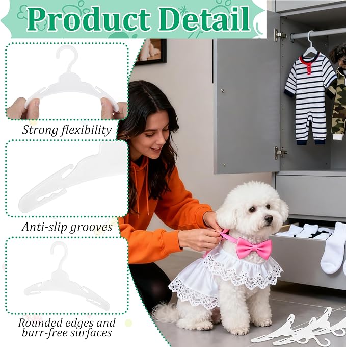 48 Pcs Dog Clothes Hangers, Plastic Dog Cat Clothing Hanger Rack, Wide Non-Slip, Pet Clothing Holder Coat Hanger for Organizing Pet Apparel and Baby Clothes (White)