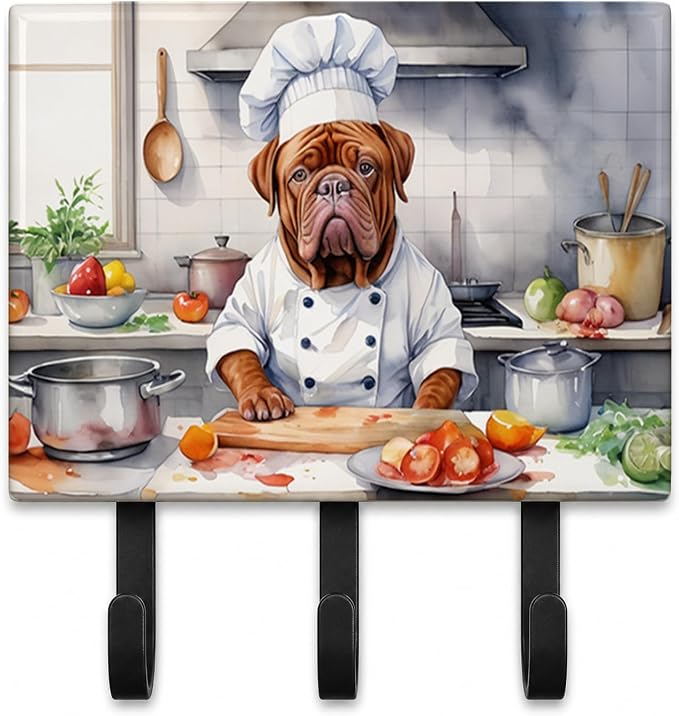 Caroline's Treasures Dogue de Bordeaux The Chef Leash or Key Holder Wall Hooks, Key Hooks Holder, Coat Rack Wall Mount, Coat Hooks, Hooks for Hanging Keys, Towels, Aprons, Leashes | Dogue de Bordeaux The Chef artwork on ceramic tile with three steel ho...