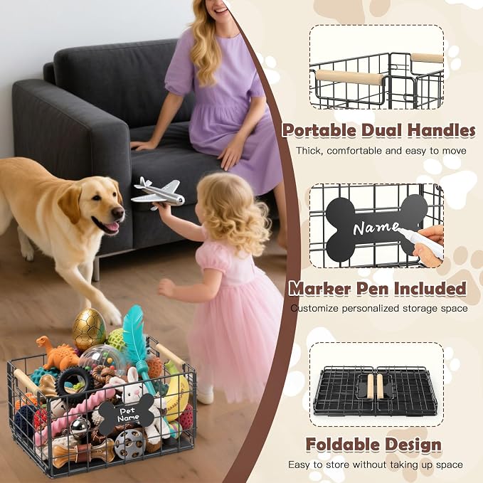 Dog Toy Basket, Foldable Metal Dog Toy Bin 15.8''×11.8''×11.8'' | Chew-Proof Basket with Handles, Pet Stuff Storage Organizer Box, Marker Pen, Portable Puppy Toys Basket for Living Room
