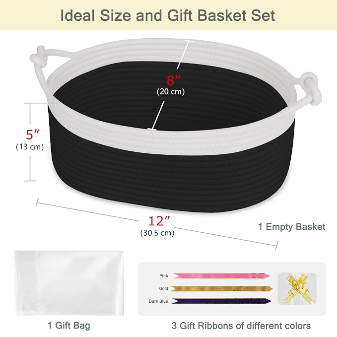Small Empty Gift Basket with Bag & Ribbons, White & Black | 12“x8”x5”, Cotton Rope Woven Basket for Birthdays, Baby Showers, Mother's Day, Christmas; Stores Small Items, Kids & Pet Toys