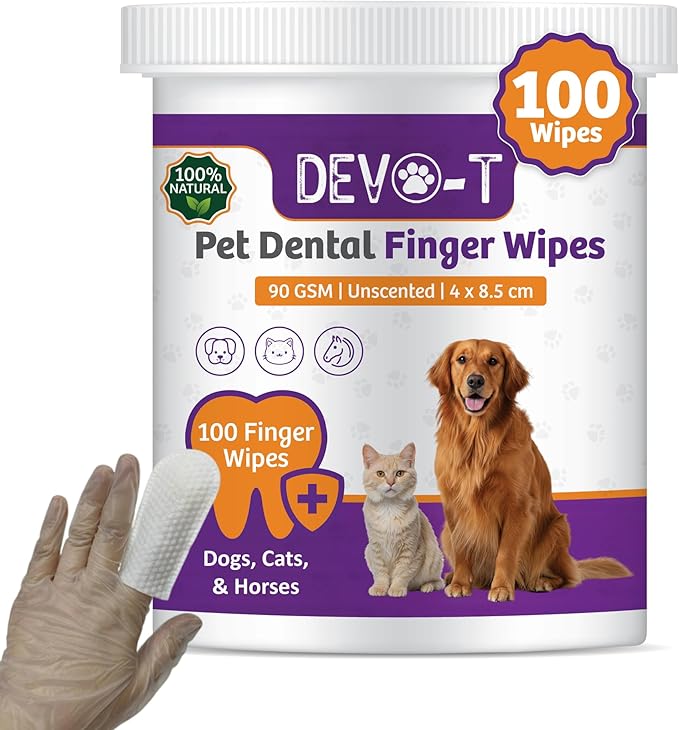 DEVO-T 100% Natural Dog Teeth Cleaning Wipes Unscented | 100 Count | Pet Teeth Cleaning Finger Wipes for Dogs, Cats & Horses | Remove Bad Breath, Plaque & Tartar Buildup | Dog Dental Wipes Finger