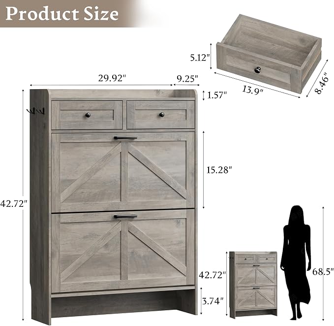 BORNOON Shoe Storage Cabinet for Entryway, Farmhouse Narrow Shoe Cabinet with 2 Flip Drawers & Top Drawers, Adjustable Shelves & Hooks, Freestanding Hidden Rack Organizer for Hallway, Foyer