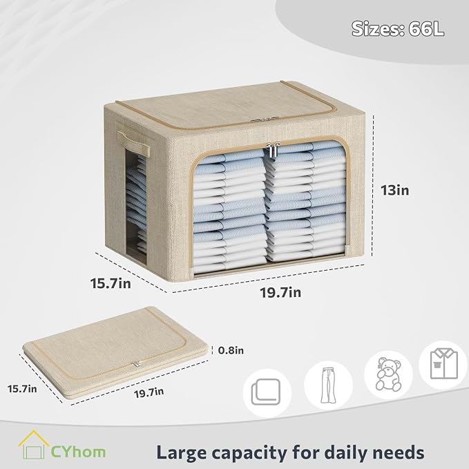 CYhom Clothes Storage Bins Box - Linen Fabric Foldable Stackable Container Organizer Set with Clear Window & Carry Handles & Metal Frame - 2Pack Large Capacity for Bedding, Blankets, Books