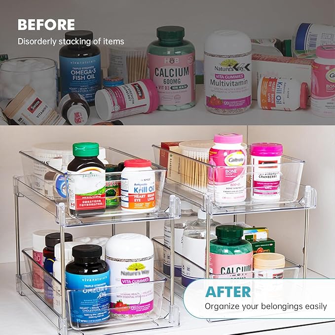 4 Pack Clear Bathroom Organizers and Storage, 2 Tier Pull Out Under Sink Cabinet Organizer Plastic Drawer Organization and Storage for Bathroom and Kitchen