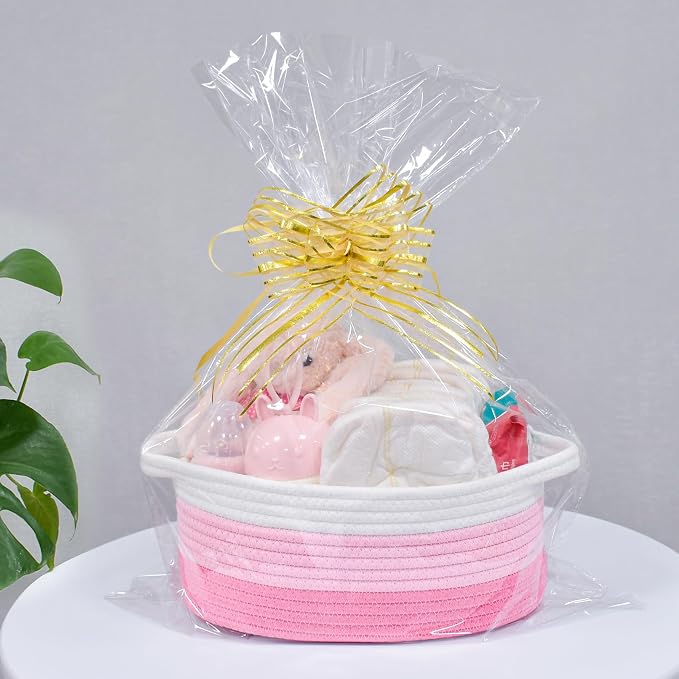 ABenkle Small Basket Empty Gift Basket, Decorative Boho Rope Woven Nursery Storage Organizer Dog Toy Baskets for Baby Showers Christmas Easter with Gift Bags and Ribbons, 12"X 8" X 5"