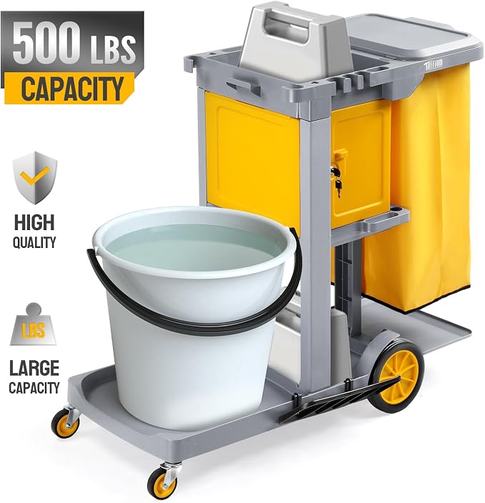 TUFFIOM Multifunctional Janitorial Cart with Key-Locking Cabinet,Cleaning Carts on Wheels,with 15 Gallon Collection Bag,500 lbs Capacity, Yellow&Gray