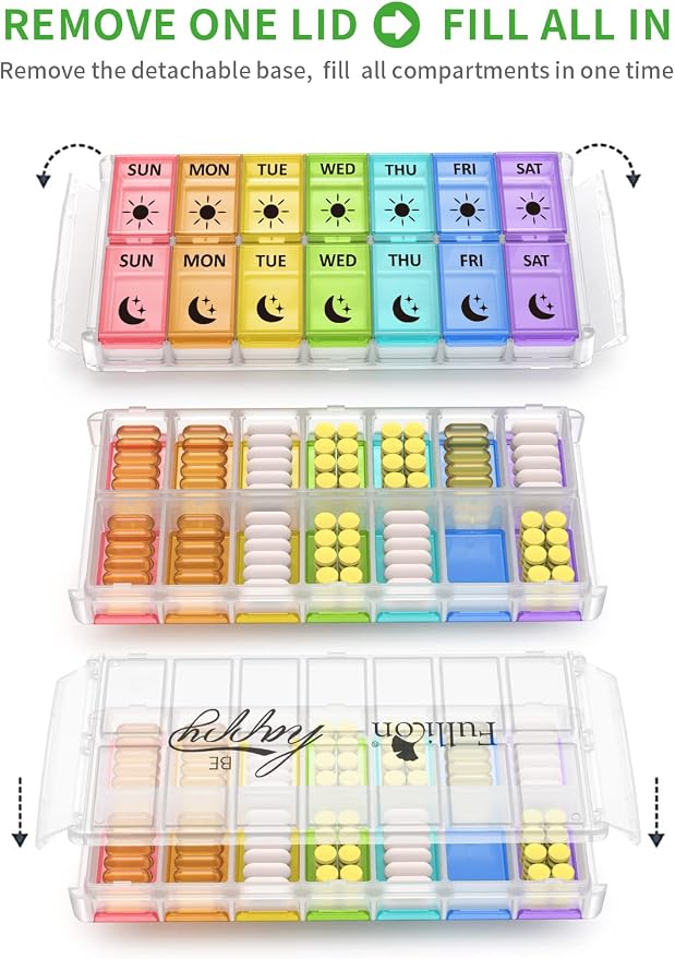 Weekly Pill Organizer 2 Times a Day Extra Large 7 Day Easy Fill Quick Fill Portable Fullicon AM PM Pill Box for Supplement, vitamine, and Medicine - (Patent Registered) (Pack of 2)