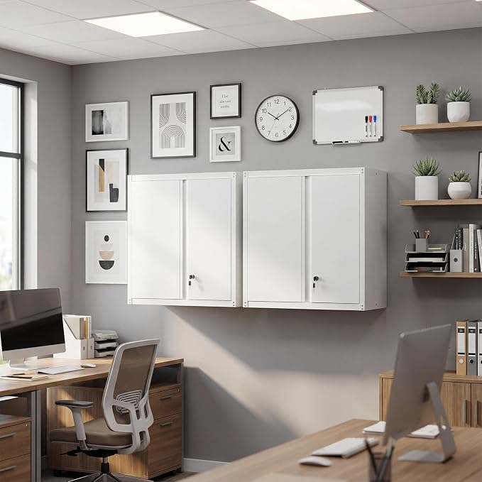 Metal Wall Cabinets, Kitchen Wall Hanging Cabinet, Locking Steel Storage Cabinets with Adjustable Shelves and Locking Doors, Wall Mount Tool Cabinet for Garage, Home, White