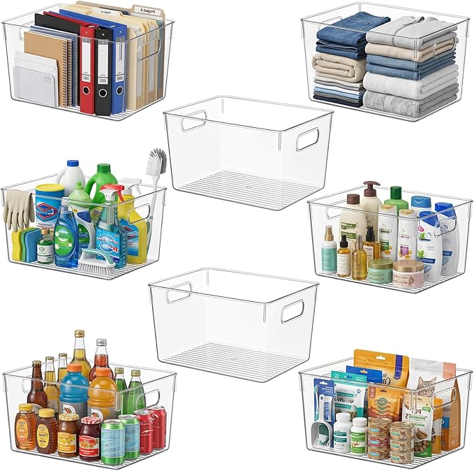 MOONEDGE 8 Pack XL Clear Storage Containers 13x10x8in Plastic Organizers | Clear Bins for Organizing, Organizer Bins with Handles, Garage, Pet Supplies, Linen Storage, Utility Shelf, Cleaning Supplies