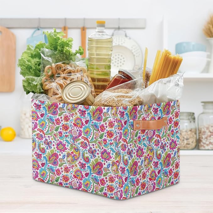 AUUXVA Storage Basket Colorful Paisley Flower Floral Storage Cube Box Durable Canvas Collapsible Toy Basket Organizer Bin with Handles for Shelf Closet Bedroom Home Office