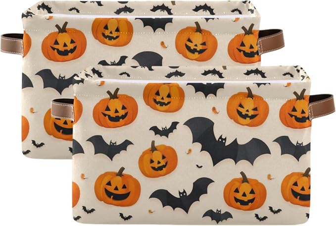 Wamika Happy Halloween Storage Basket with Waterproof Liner and PU Handles Spooky Pumpkin Black Bat Storage Bins Boxes 14.2" Collapsible Decorative Organizer Baskets for Bedroom Closet Office 2 Pack