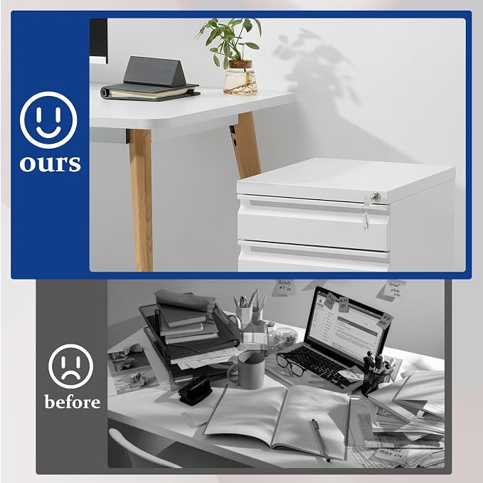 3-Drawer Mobile File Cabinets Rolling Metal Filing Cabinet for Legal & Letter File Anti-tilt Design with Lock Under Desk Office Drawers Fully Assembled Except Casters Elegant White