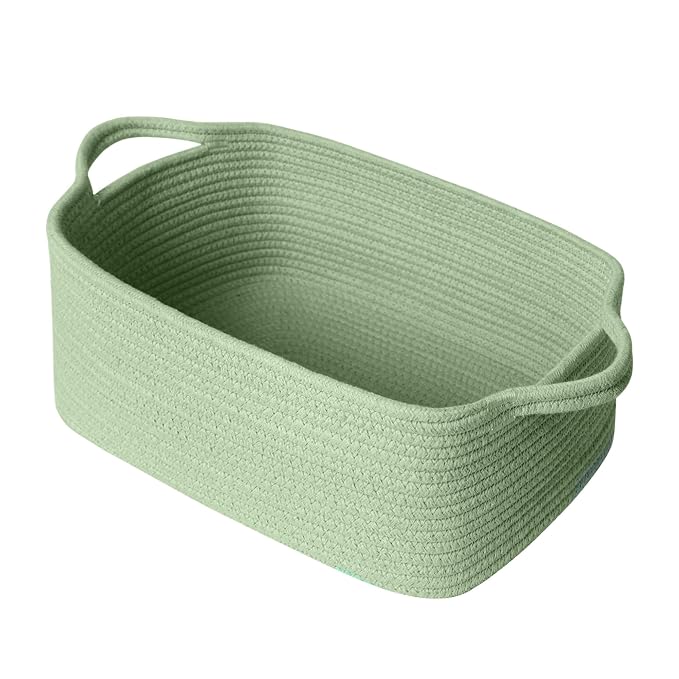 MEGASKET Green Basket, Woven Baskets for Gifts Empty, Medium Cotton Rope Dog Toy Box, Green Room Decor, Cute Baby Nursery Storage Organizer with Handle, Decorative Wicker Bin for Organizing Gift Towel