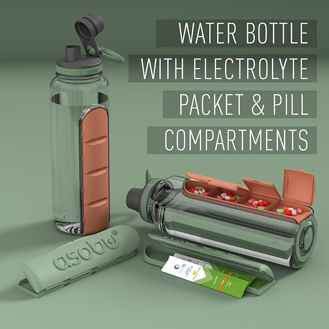 asobu Electrolyte Large Sports Water Bottle with Interchangeable Packet and Pill Storage Compartments Durable Tritan 40oz (Basil Green)
