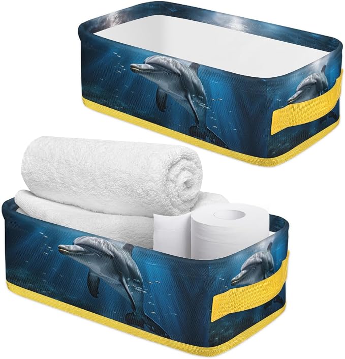 Sunshine Dolphin Undersea Bathroom Storage Basket, Foldable with Handle Open Countertop Paper Towel Decorative Box, Toilet Tank Top Shelf Baskets for Home Closet Bedroom Living Room Office