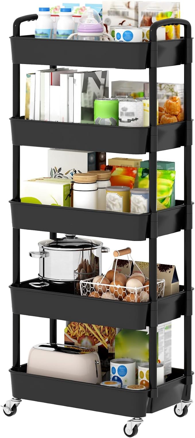 Sywhitta 5-Tier Plastic Rolling Utility Cart with Wheels,Black | Multi-Functional Storage Trolley, for Office, Living Room, Kitchen, Bathroom,Movable Organizer,Space-Saving,Easy to assemble