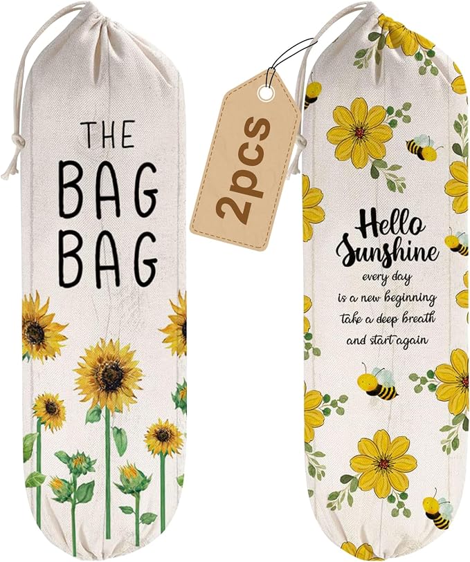 2Pcs Sunflower Plastic Bag Holder for Kitchen Essentials, Reusable Hanging Grocery Bag Organizer, Sunflower Gifts for Women, Washable Large Grocery Trash Bags Storage Dispenser