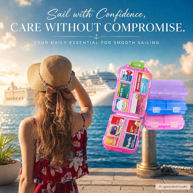 3 Pack Pill Organizers with Medicine Labels, Pink Blue Purple | 3 compact pill cases with 3x161 medicine labels for 7-day planning, vitamins, travel, family use, and separate routines
