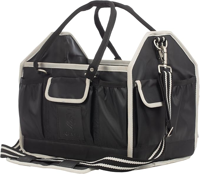 Equinavia Darby Large Collapsible Grooming Tote Bag for Horses, Dogs, Cats | Organizer with Shoulder Strap | 9" x 13" x 12" - Black/Silver - One Size