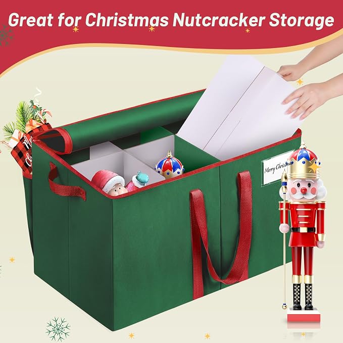 EverMerry Nutcracker and Figurine Collectibles Storage Box， Large Ornament Storage Organizer Stores Up to 8 Holiday Figurines-Carolers, Santa Figure, or Nut Cracker Ornaments (Green/15 Inches)