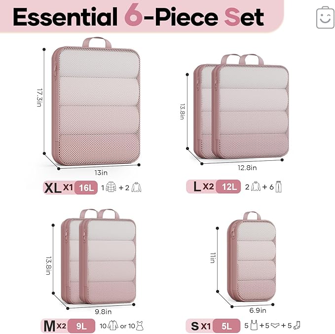 Veken 6/9/11 Set Compression Packing Cubes Garment Bags for Travel Essentials,Compressible Expandable Luggage Organizer Bags for Clothing,Space Saver Bags with Over 1000 pcs of Mesh Holes(Light Coral)