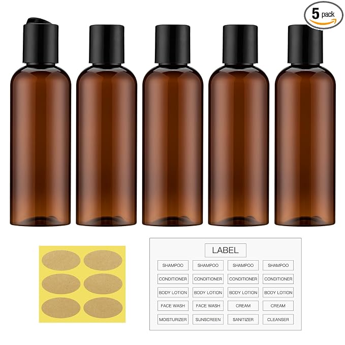 Travel Bottles for Toiletries, 3.4 oz Travel Size Containers, 5pcs, Amber | Squeezable empty plastic bottles, TSA approved, leak proof, with labels, for liquids & shampoo lotion, gym essentials