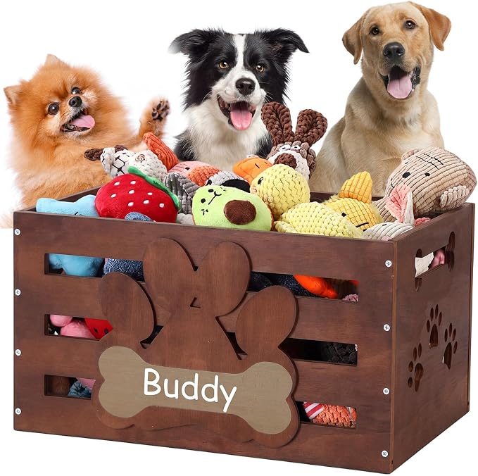 Cinnvoice Large Dog Toy Basket Wood Dog Toy Bin Storage Box with Handles and Label Position Design Large Organizer with Paw Pattern Print for Pets Toys Food Blankets Clothes 18"x12"x10" (Dark Brown)