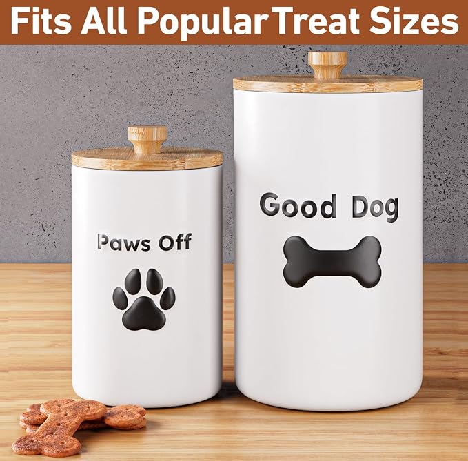 Dog Treat Container Airtight Set of 2, 9x5 & 7x4 inch Ceramic Jars. 11 Cups | Ceramic Dog Treat Jars, 2-piece set, Airtight Bamboo Lids, Rubber-Lined Lids, Raised Design, Over 11 Cups Combined Storage