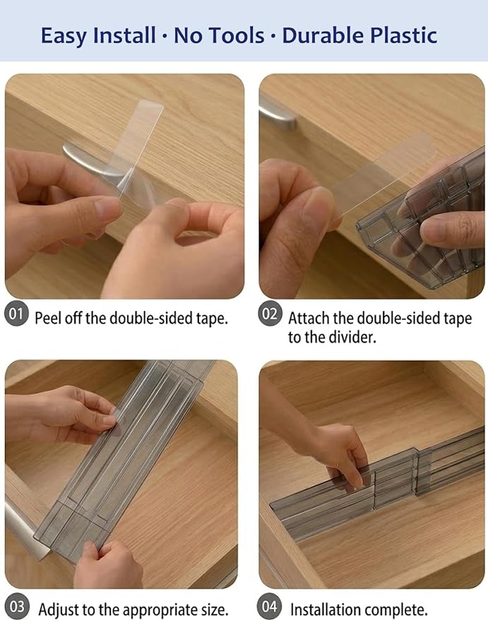 Adjustable Drawer Dividers 5 Pack, 3.15" High, Smoke Plastic | 11"-20" expanding shallow drawer organizer with non-slip pads for socks, makeup, kitchen, bathroom and office.