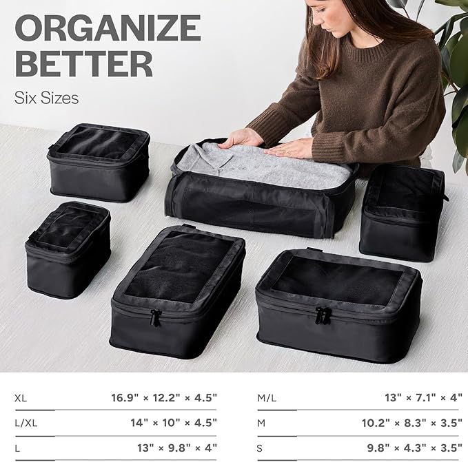 Compression Packing Cubes for Travel - Luggage Organizer Bags - Double Zipper Packing Cubes for Suitcases (12-Pack, Black)