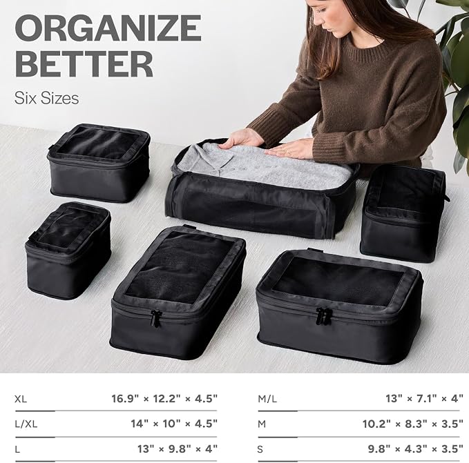 Compression Packing Cubes for Travel, 6-Pack, Black | Solves overpacking, 6-Piece set fits most suitcases, 50% Space savings, Compression luggage organizer bags