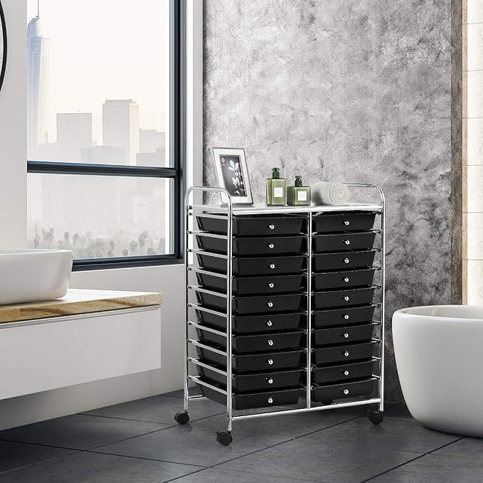 20 Drawer Rolling Storage Cart, Art Cart Organizer with Wheels for Makeup, Tool, Paper, Multipurpose Craft Storage Cart with Drawers for Office, Home, Classroom, Teacher, School (Black)