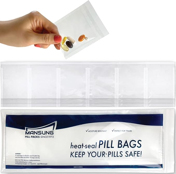 Mansung M 600 Bags/Blank, Heat Seal Pill Bag pouche Pack Sealed for Medicine Funnel Tray Loading AM PM Organizer Dispenser kit Daily Sealing Filler Vitamin sorter envelopes Machine Blister Packs