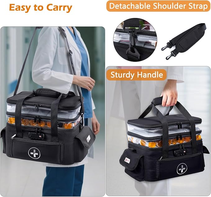 BAGSFY 3-Tier Medicine Organizer with Combination Lock – Large Medicine Bag, Empty First Aid Kit Case, Pill Bottle Medical Supply Organizer, Travel Prescription Bag, Medication Storage Container