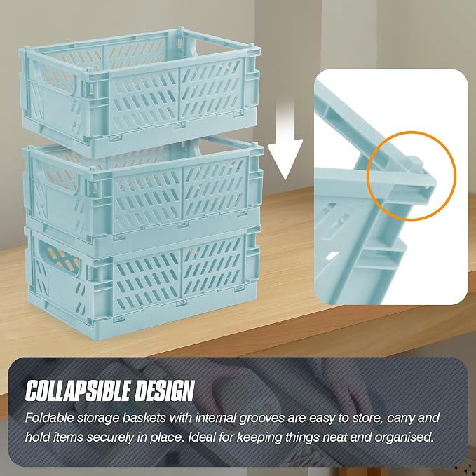 4 Pcs Collapsible Storage Crates, 10x6.5x4 inches Space-Saving Folding Containers, Stackable Plastic Boxes for Home Kitchen Office Bedroom Bathroom, Light Blue, Medium
