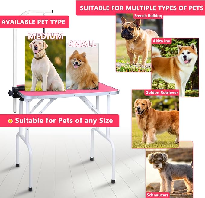 LEIBOU Pet Dog Grooming Table Foldable Grooming Table Heavy Duty Iron Frame with Arm & Noose for Dog Cat Pet Grooming (32'', Pink)
