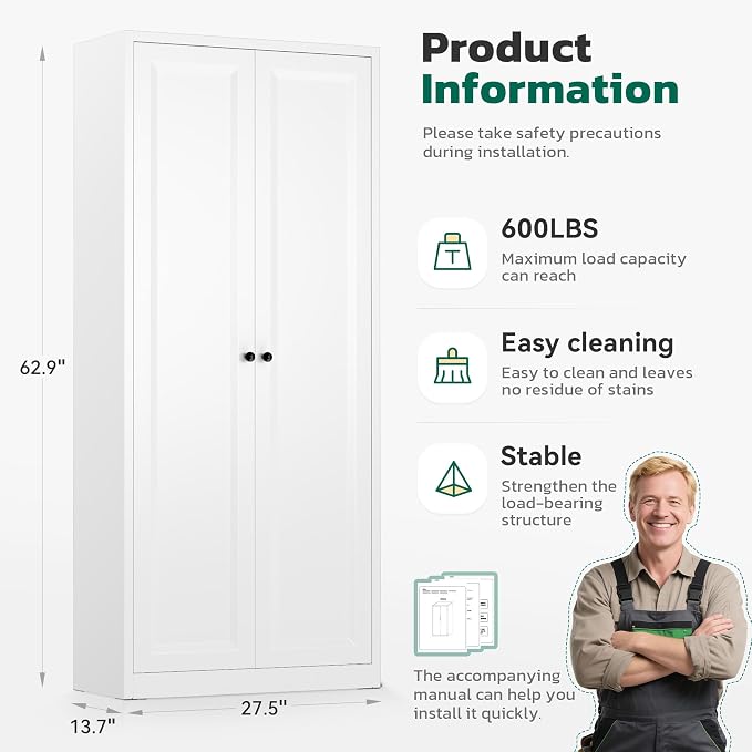 Greenvelly Metal Storage Cabinet, 63" H White Metal Storage Cabinet with Doors and 4 Shelves, Steel Cabinets for Living Room, Office, School (White - Modern)