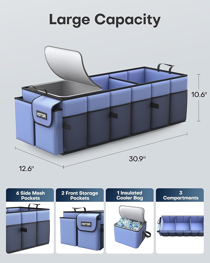 HOTOR Trunk Organizer, Sturdy Foldable with Cooler for Car, Sudan & SUV | Car Organizers and Storage, Detachable Cooler Bag, for Tools, Camping, 3 Compartments, Blue, 31.5” x 12.6” x 10.6”