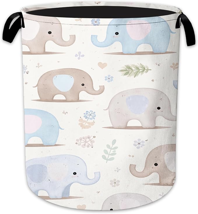 Baby Elephant Laundry Basket, Floral Leaves Collapsible Laundry Hamper Waterproof Oxford Cloth With Handles, Clothes Storage Bucket For Bathroom/Bedroom 16" x 20.8"