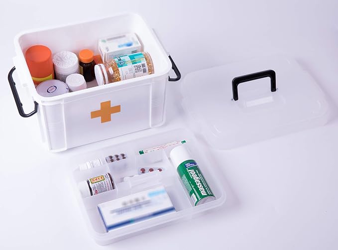 White Large Empty Medical Box for Home Emergency Supplies, Travel, Car, and Dorms – Compact First Aid Box with Handle, Detachable Tray and Locking Lid – Medical Organizer and First Aid Kit Storage