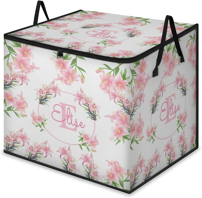 Personalized Storage Bags Large Organization Storage Containers for Comforters, Bedding, Blanket Foldable Organizer with Reinforced Handle, Pink Lily Floral