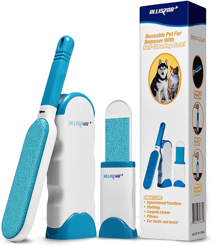Lint Brush and Pet Hair Remover for Laundry, Clothes, Couches, Car Seats, Furniture and Fabric. Reusable Dog and Cat Fur Wizard Hair Removal Brush. ALLISTAR (Sky Blue)